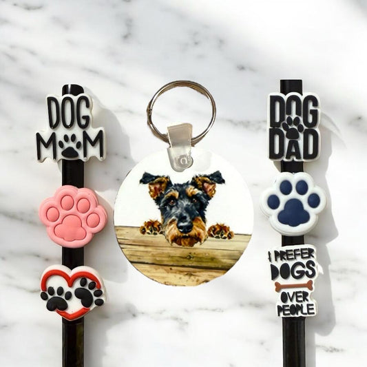 Airedale Terrier Gift Set: Keychain & Straw Toppers - Dog Mom/Dad