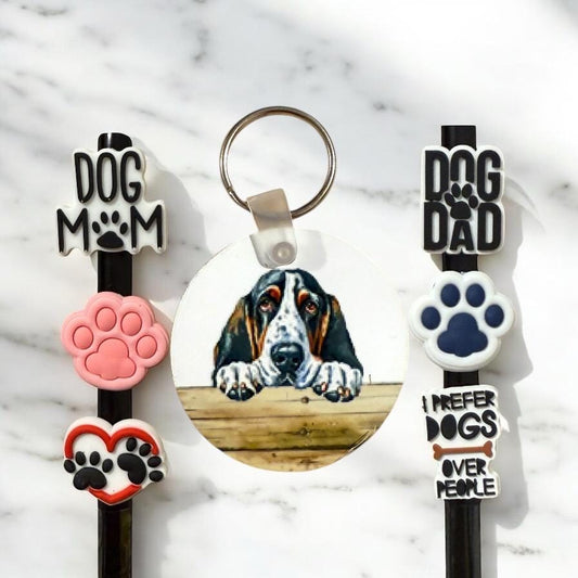 Basset Hound Dog Gift Set: Keychain & Straw Toppers