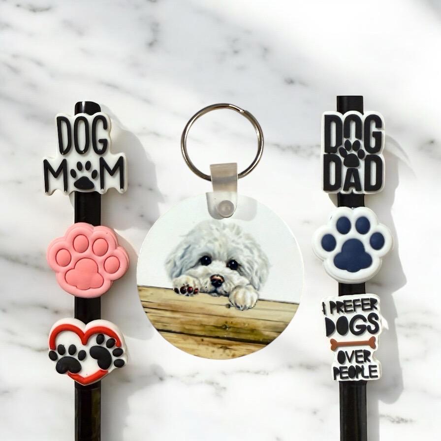 Bichon Frise Dog Gift Set: Keychain & Straw Toppers