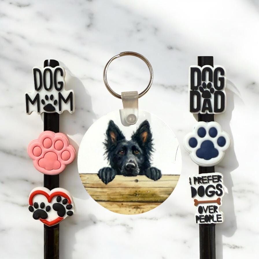 Belgian Sheepdog Gift Set: Keychain & Straw Toppers