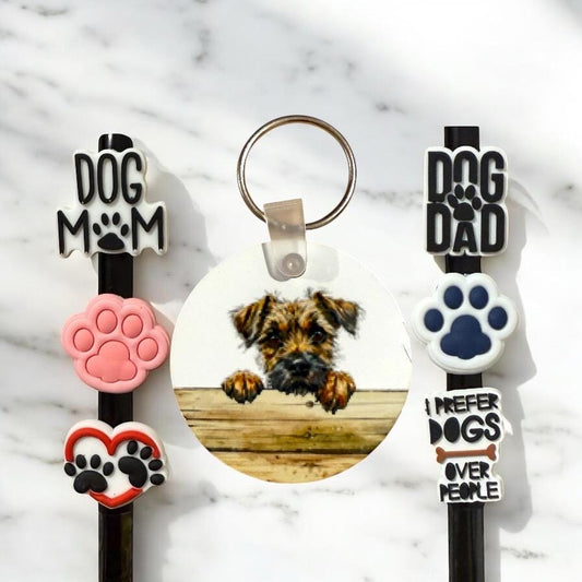 Border Terrier Dog Gift Set: Keychain & Straw Toppers