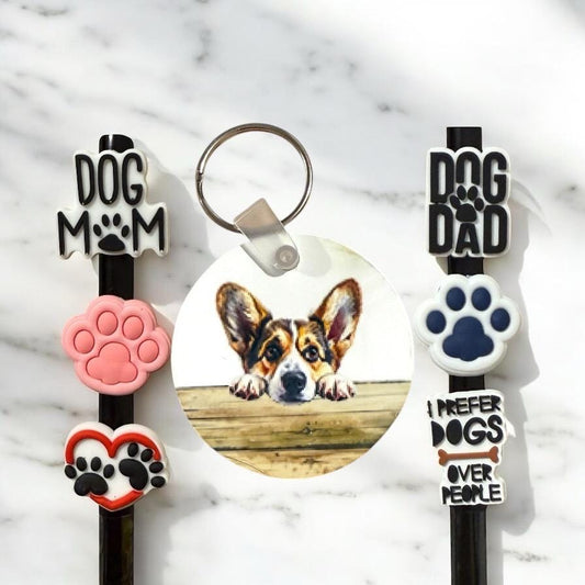Corgi Dog Gift Set: Key Chain & Straw Toppers - Dog Mom/Dad