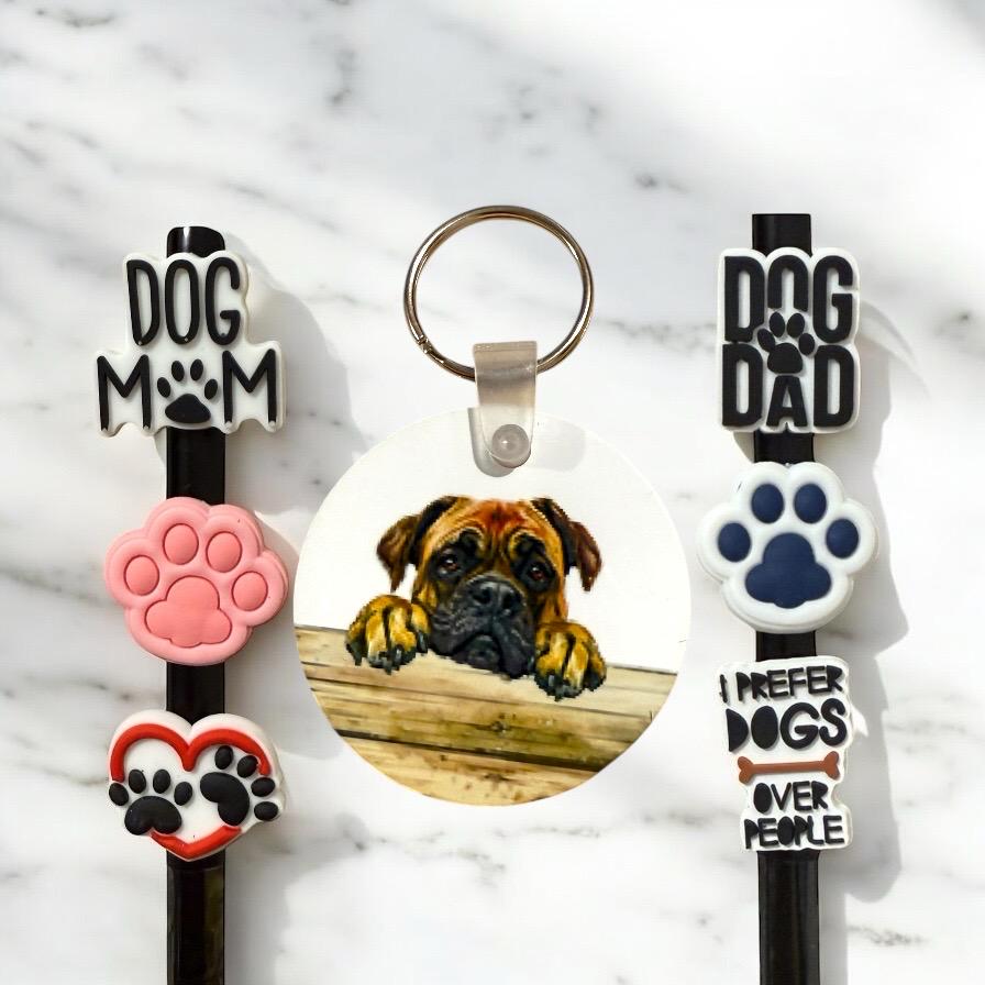 Bull Mastiff Dog Gift Set: Keychain & Straw Toppers