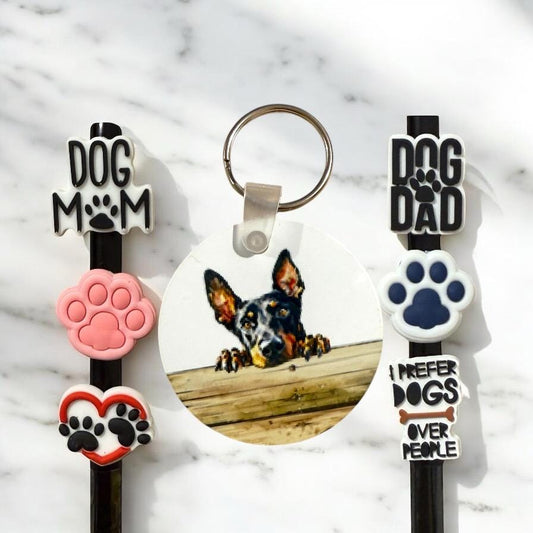 Doberman Dog Gift Set: Keychain & Straw Toppers