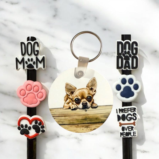 Chihuahua Dog Gift Set: Keychain & Straw Toppers - Dog Mom/Dad