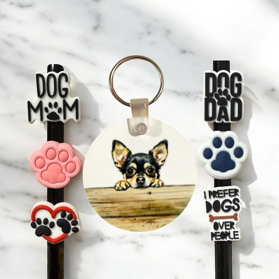 Chihuahua Dog Gift Set: Keychain & Straw Toppers - Dog Mom/Dad