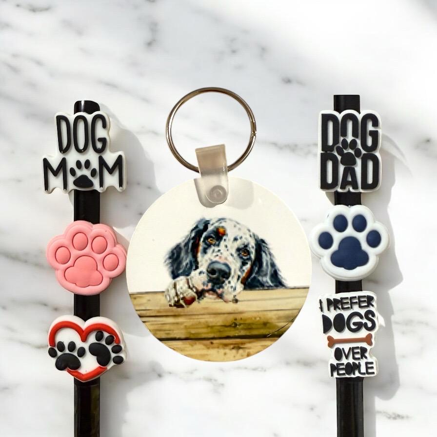 English Setter Dog Gift Set: Keychain & Straw Toppers