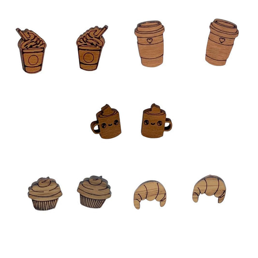 Bakery Barista Earrings Coffee Cocoa Frappuccino Croissant Muffin Stud Wood Earrings