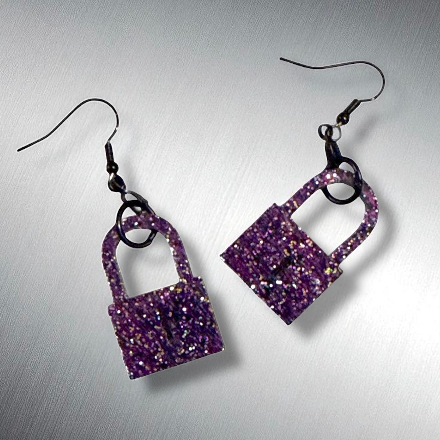 Purple Padlock Lock Showgirl Earrings ** Glitter Earrings