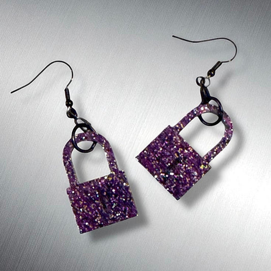 Purple Padlock Lock Showgirl Earrings ** Glitter Earrings