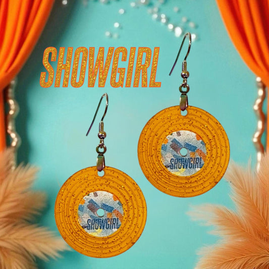 TWO PAIRS Showgirl Record Album Earrings Orange! Orange Glitter Records Christmas