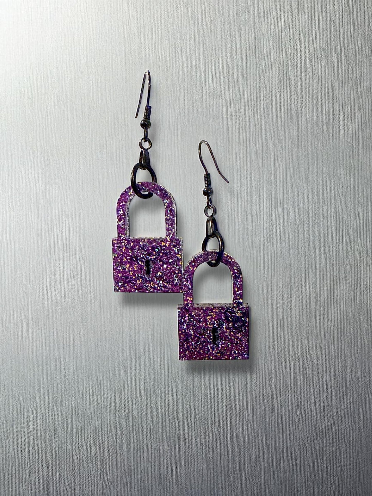 Purple Padlock Lock Showgirl Earrings ** Glitter Earrings