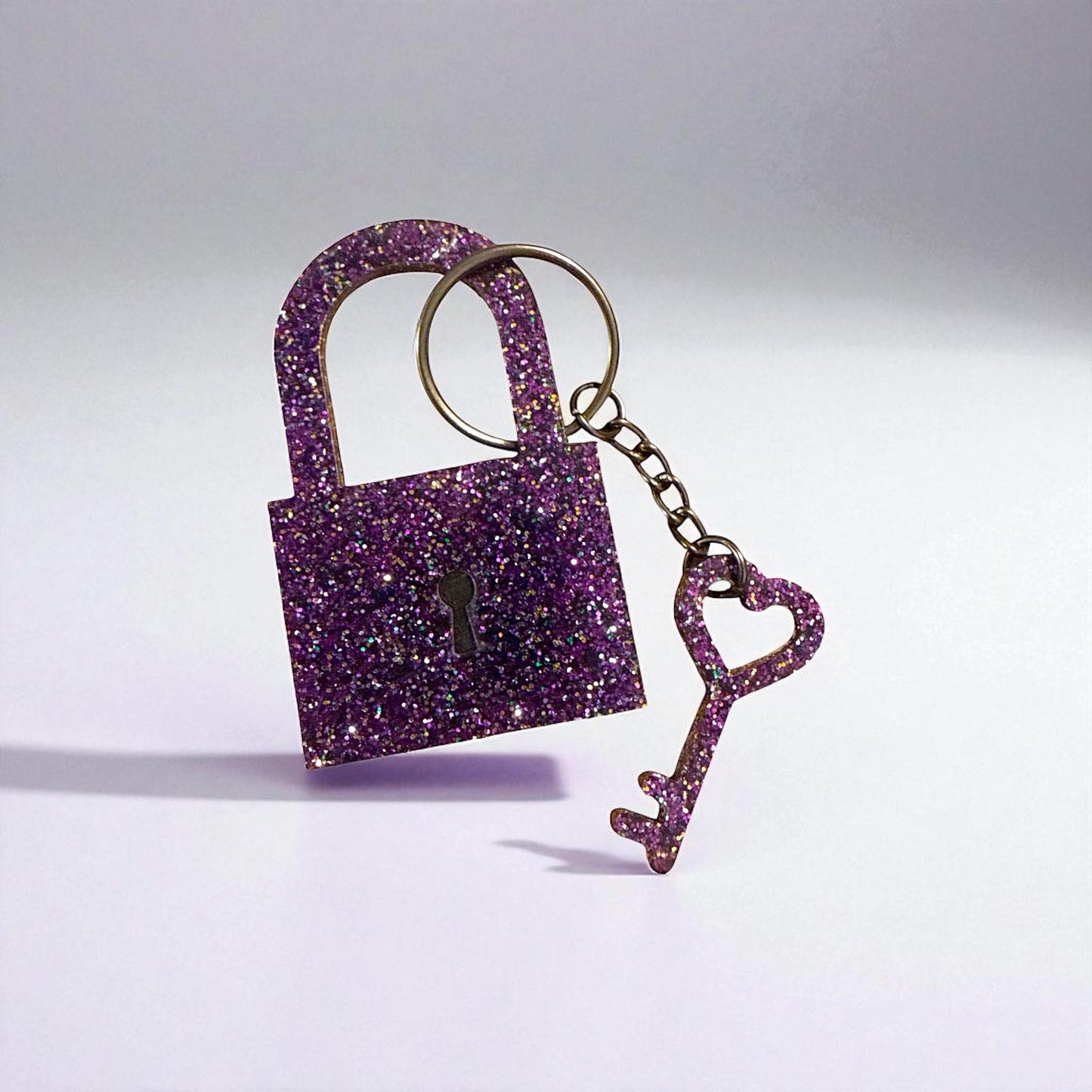 Purple Padlock Lock and Key Showgirl Keychain * Glitter Acrylic