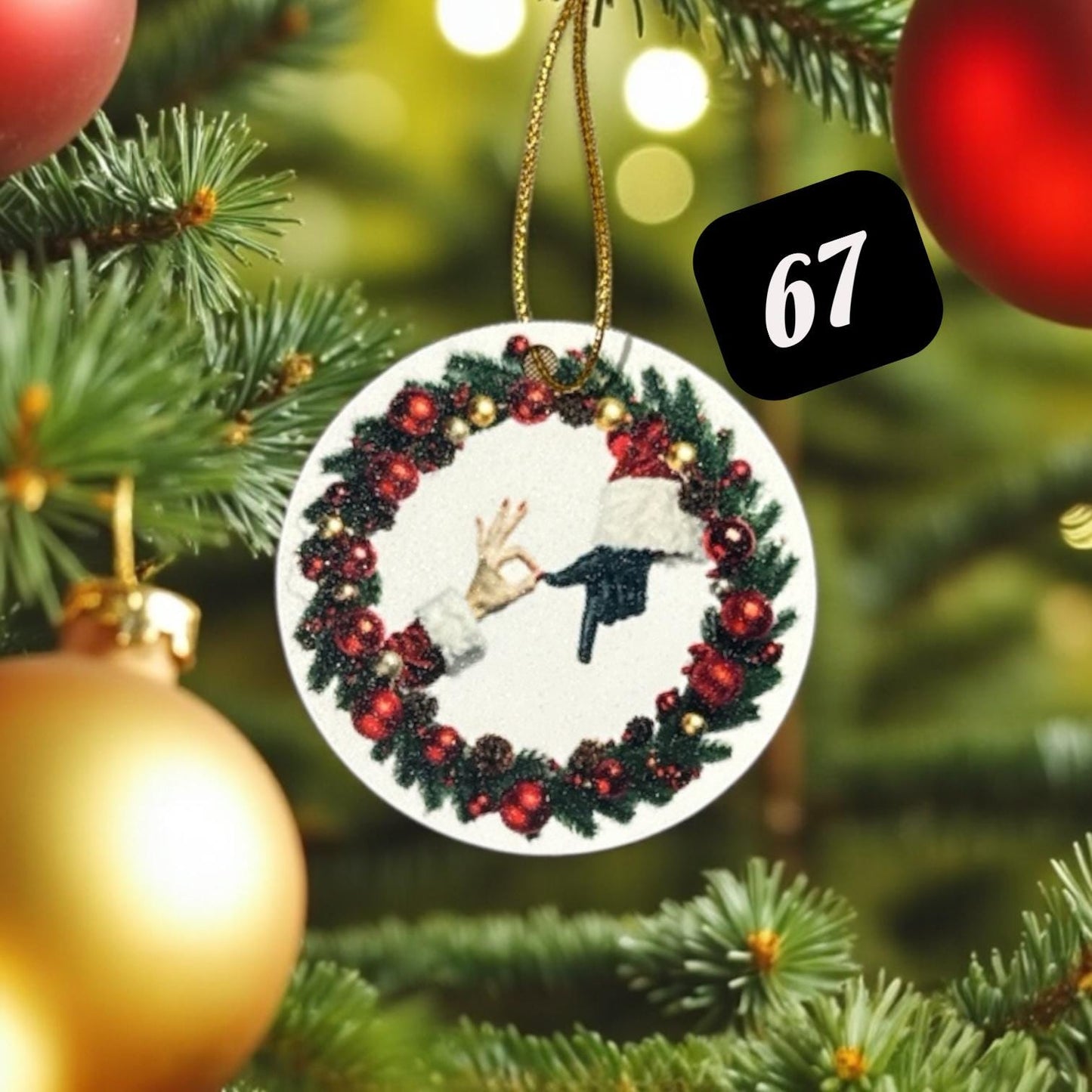 67 6-7 Santa Mrs. Clause Aluminum Metal Ornament - White Elephant, Teenager Christmas, Gag Gift, Six Seven