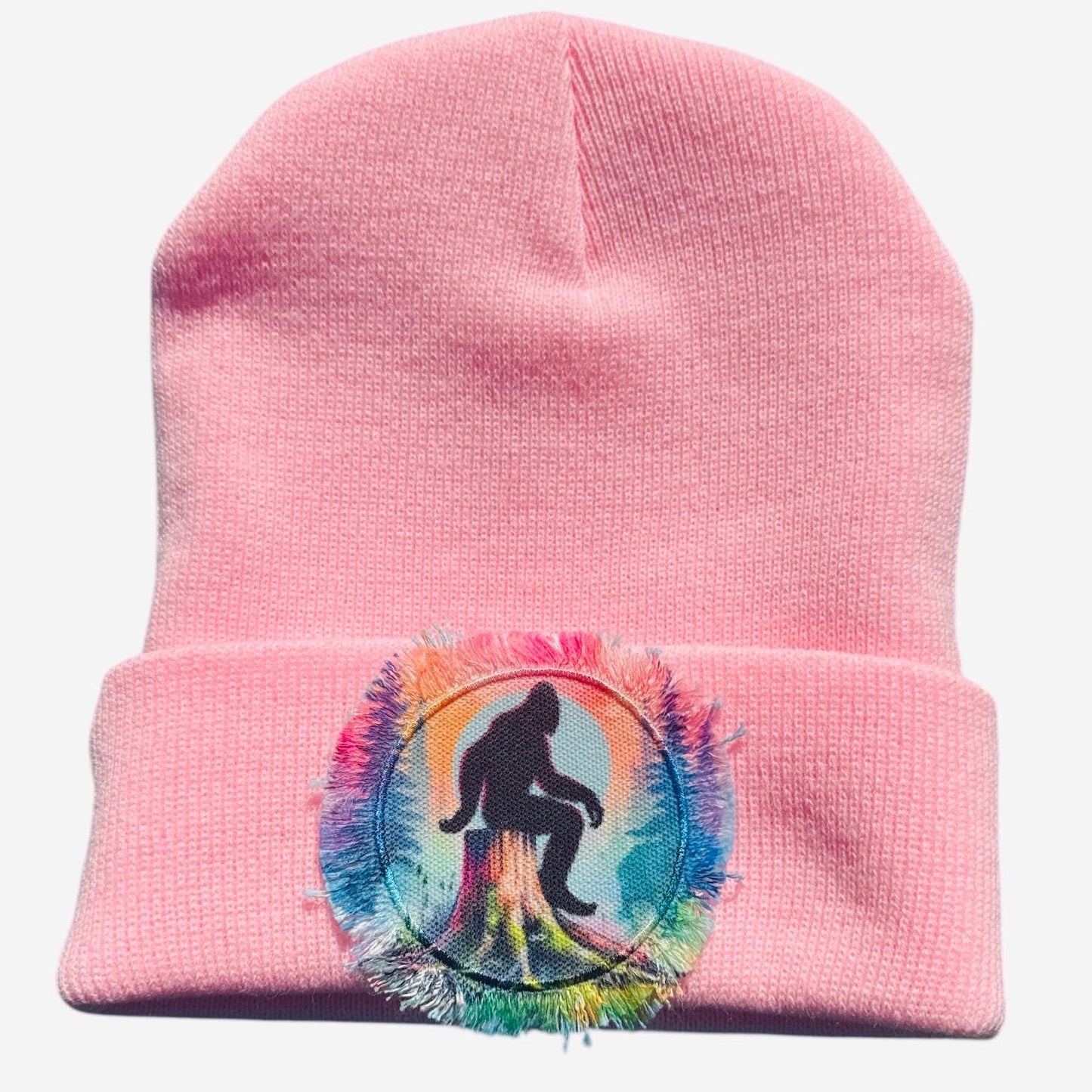 Bigfoot Sasquatch Forest Watercolor Patch Beanie Pinks Purple