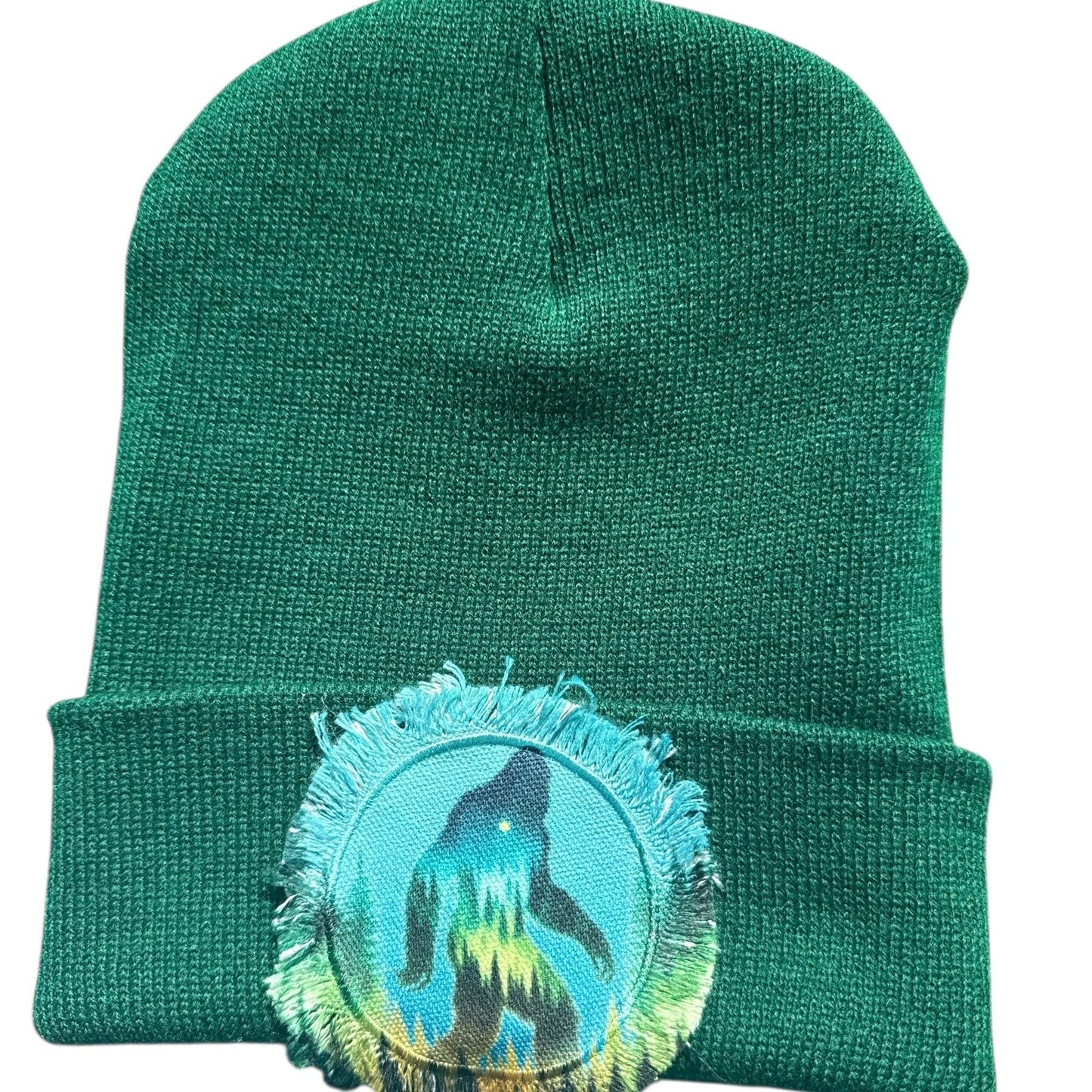Bigfoot Sasquatch Forest Watercolor Patch Beanie Greens