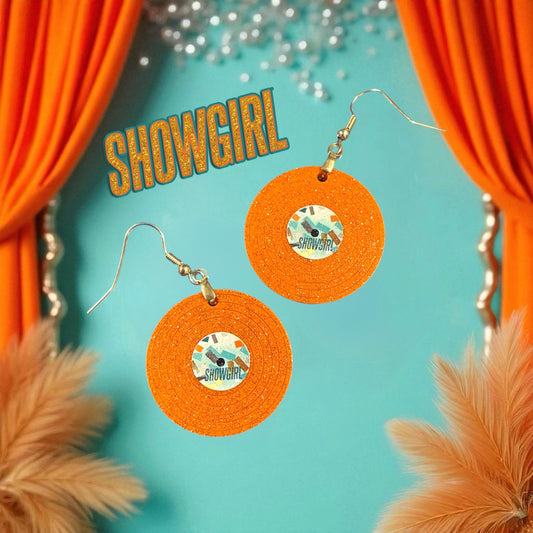 Showgirl Record Album Earrings Orange! Orange Glitter Records Christmas