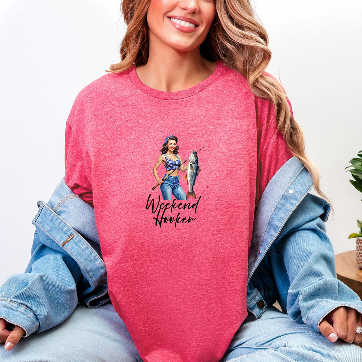 Weekend Hooker Fishing T-Shirt: Brunette Pinup, Funny Novelty Tee