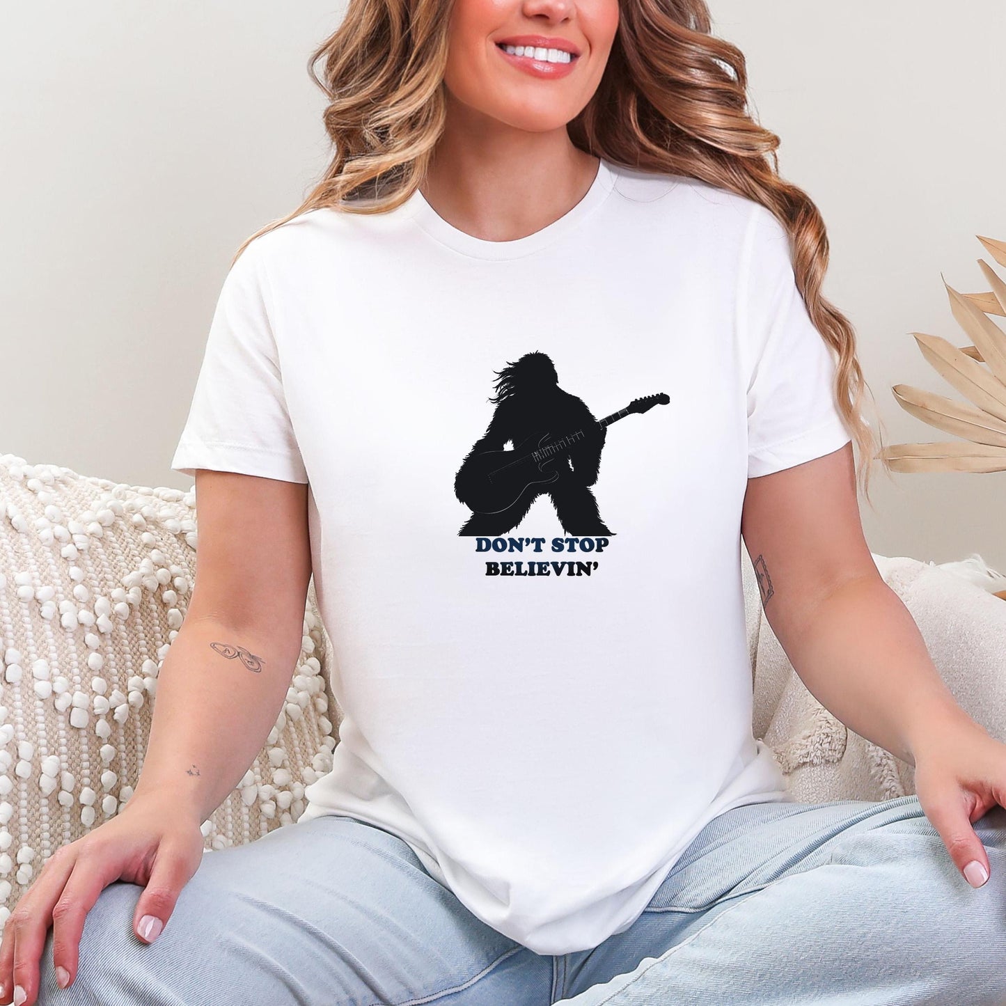 CLEARANCE Bigfoot Don't Stop Believin' Women's T-Shirt: Sasquatch Guitar Tee