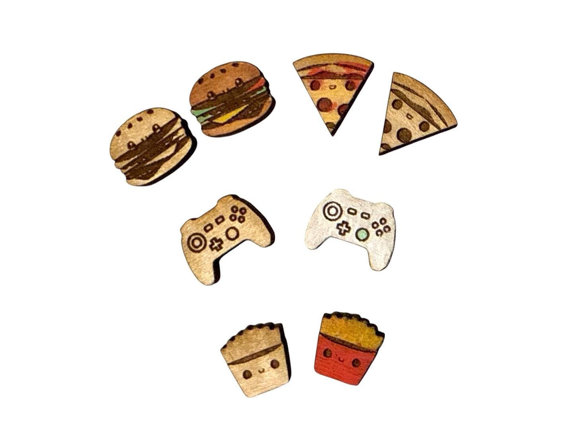 Maple Wood Burger, Pizza, Fries, Gaming Controller Laser Cut Pieces, Miniatures