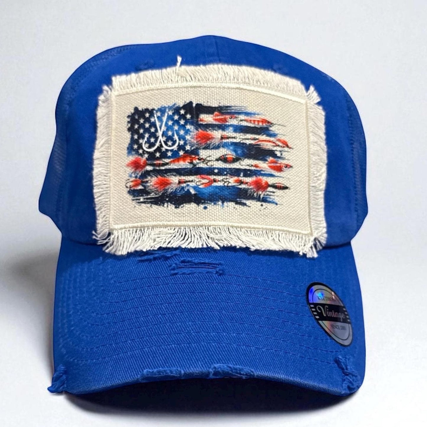 Red or Blue Fishing Lure American Flag Hat Fishing Cap