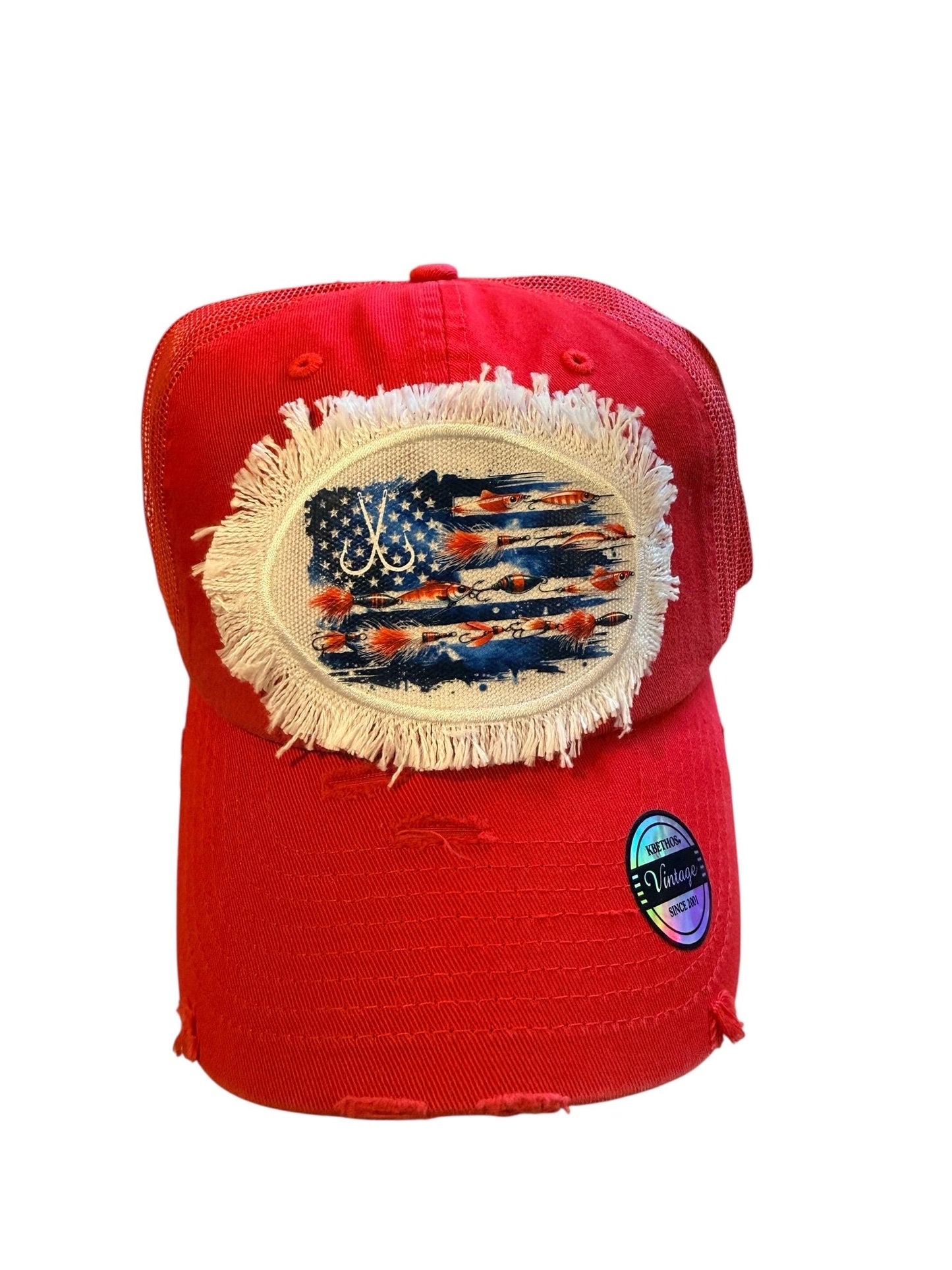 Red or Blue Fishing Lure American Flag Hat Fishing Cap