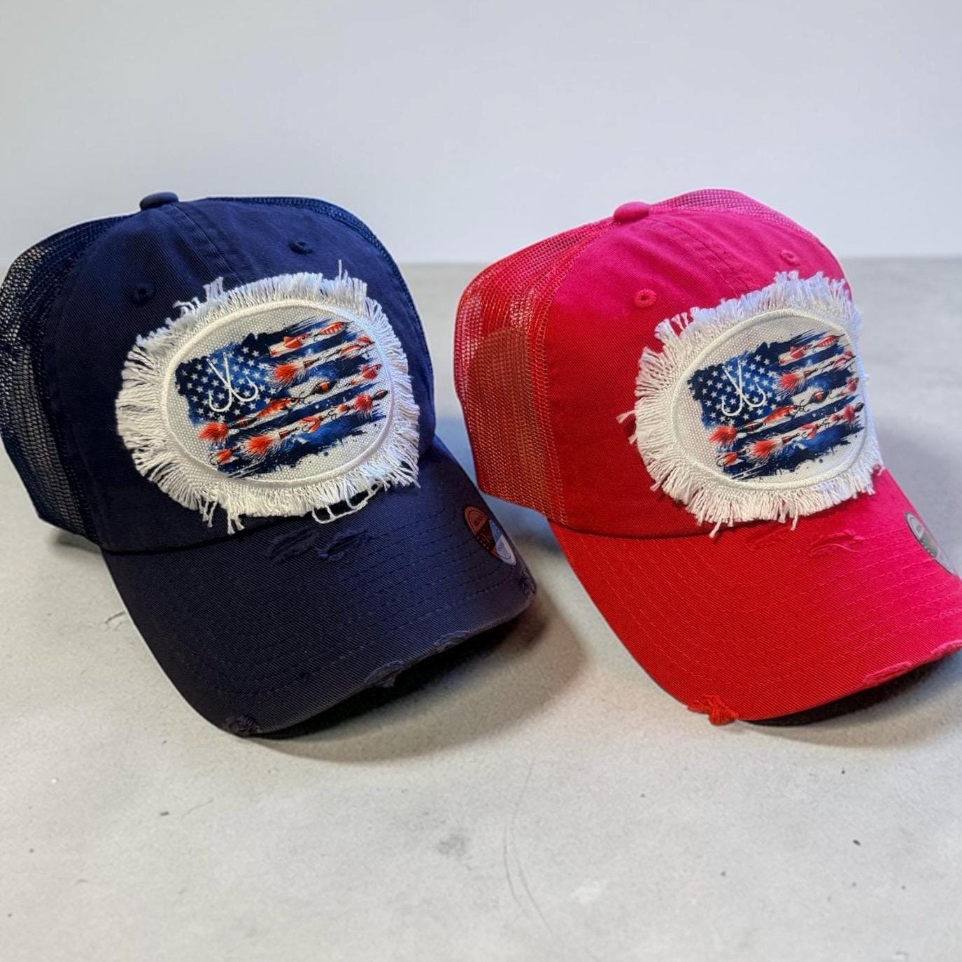 Red or Blue Fishing Lure American Flag Hat Fishing Cap