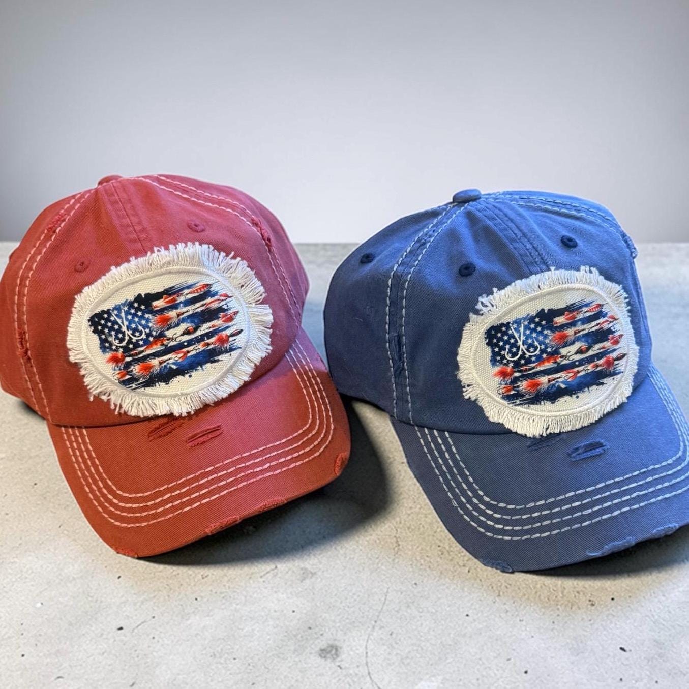 Red or Blue Fishing Lure American Flag Hat Fishing Cap