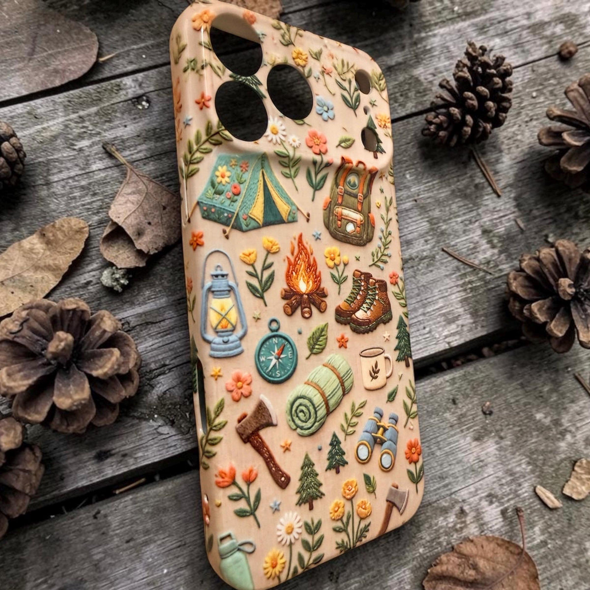 Camping Iphone Case 17 16  Plus Pro Max Happy Camper Hike Cute Floral Faux Embroidered