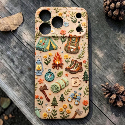 Camping Iphone Case 17 16  Plus Pro Max Happy Camper Hike Cute Floral Faux Embroidered