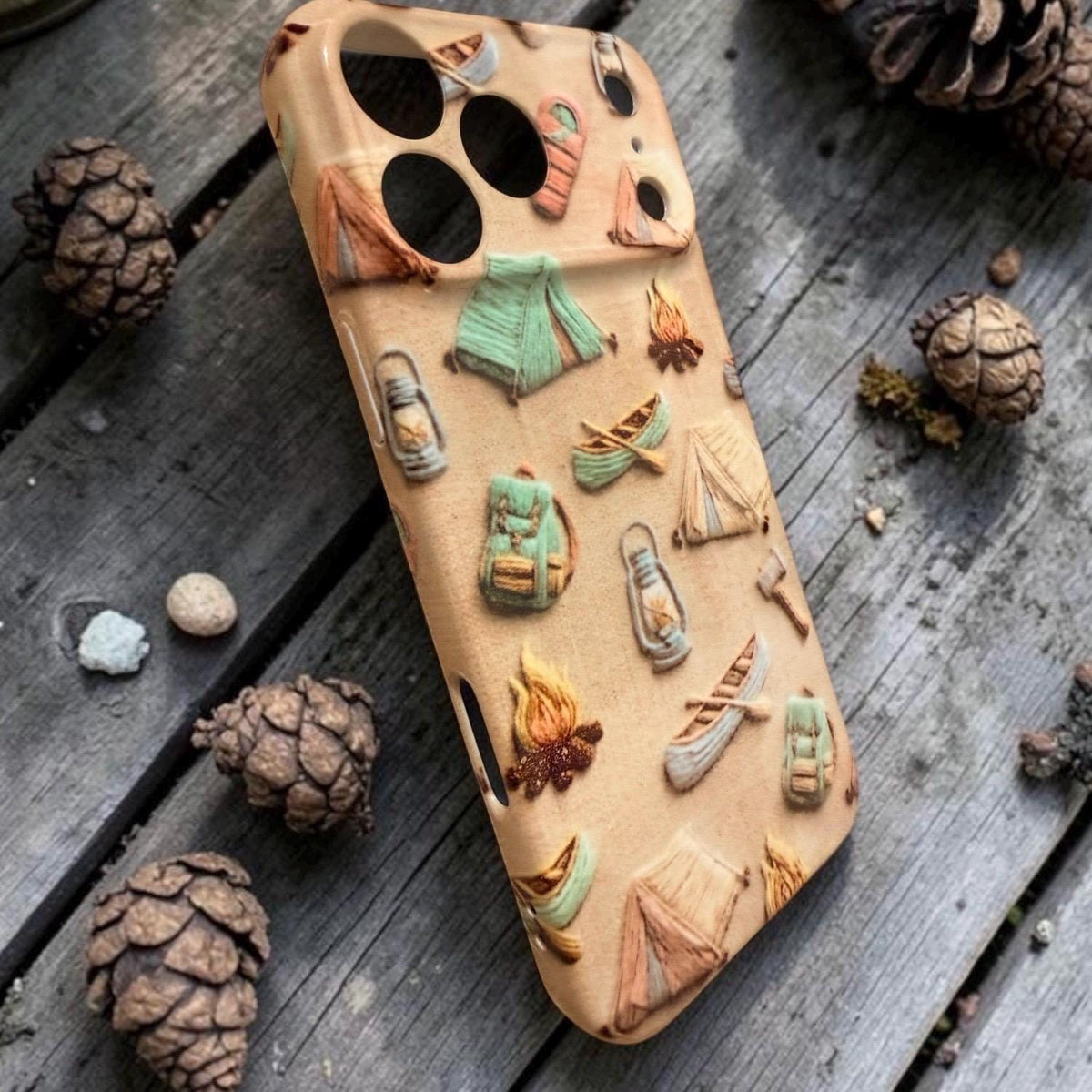Camping Canoe Tent Iphone Case 17 18 Pro Max Happy Camper Hike Cute Floral Faux Embroidered