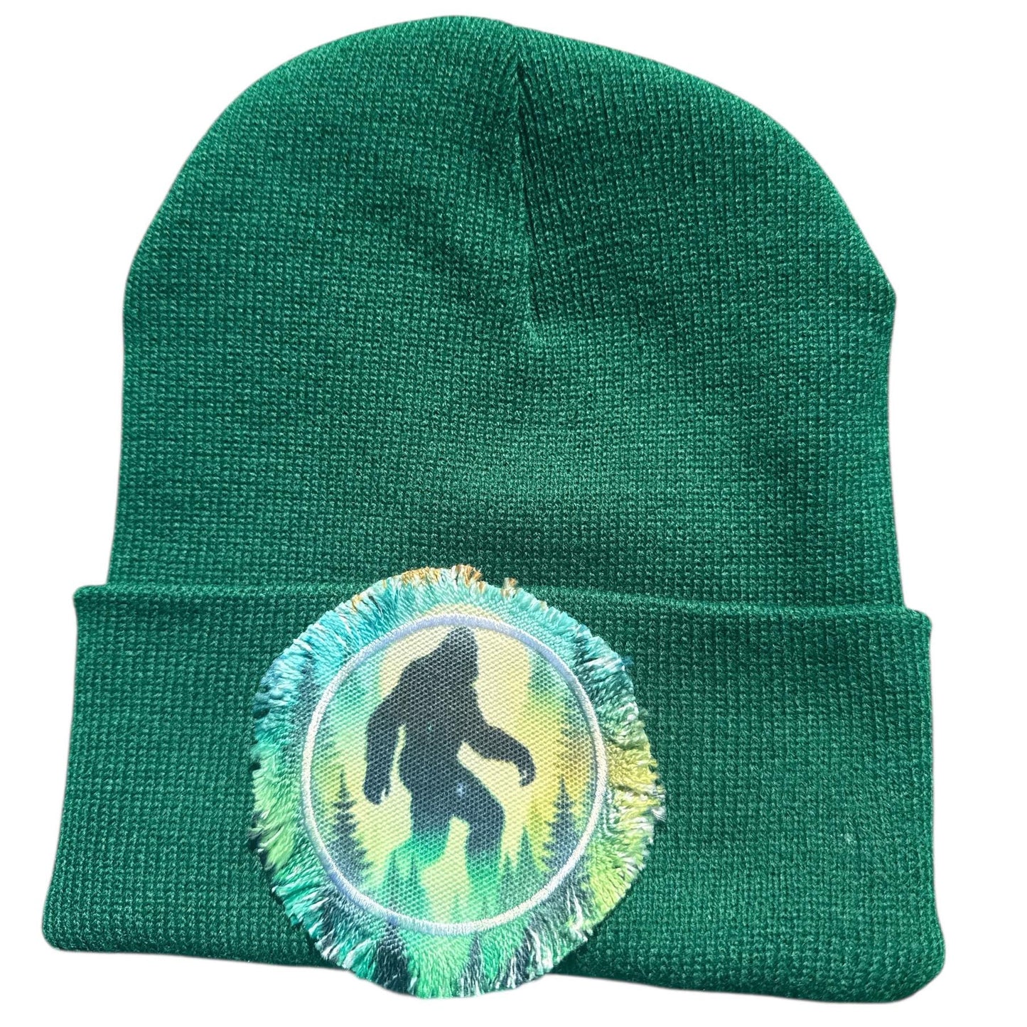 Bigfoot Sasquatch Forest Watercolor Patch Beanie Greens