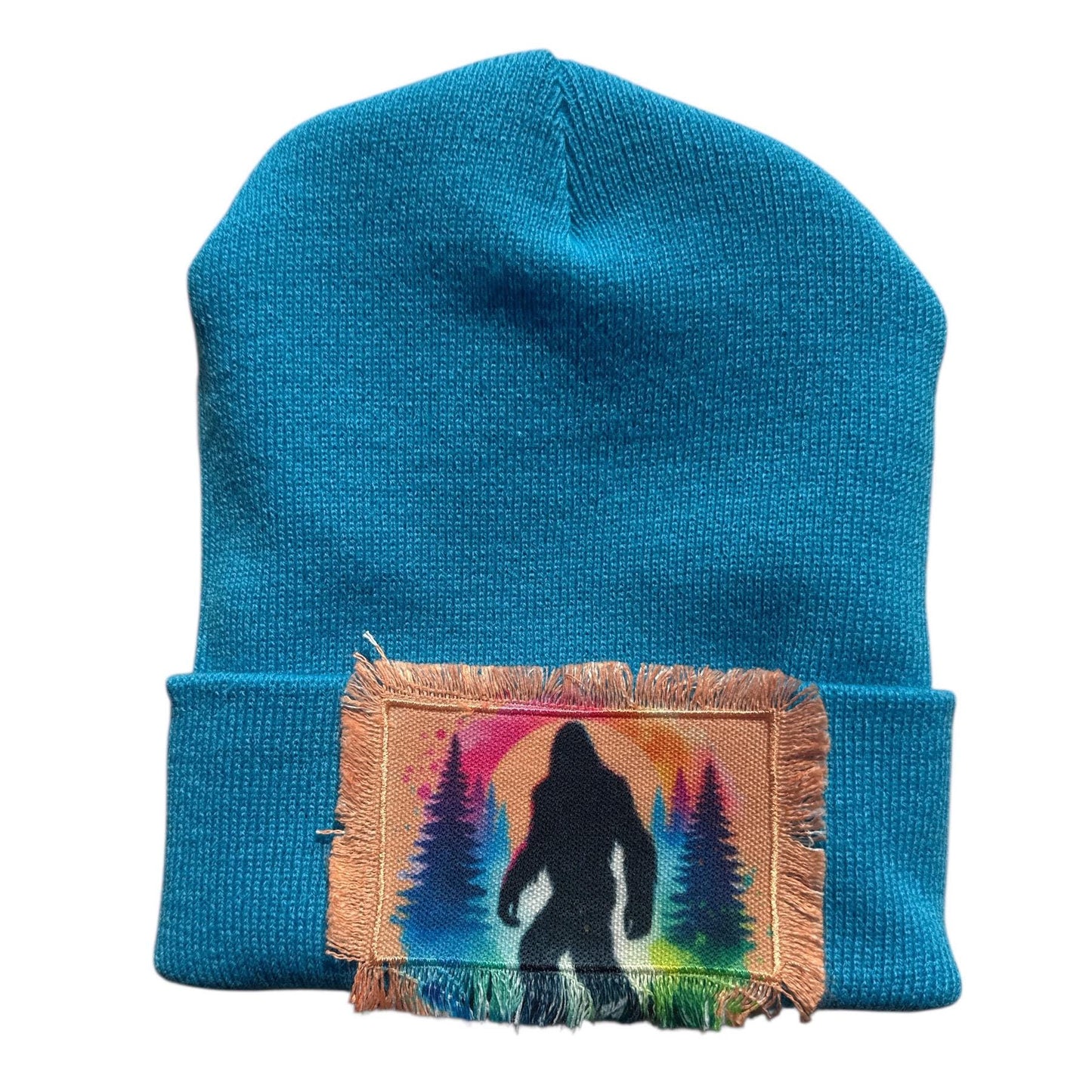 Bigfoot Sasquatch Forest Watercolor Patch Beanie Blues