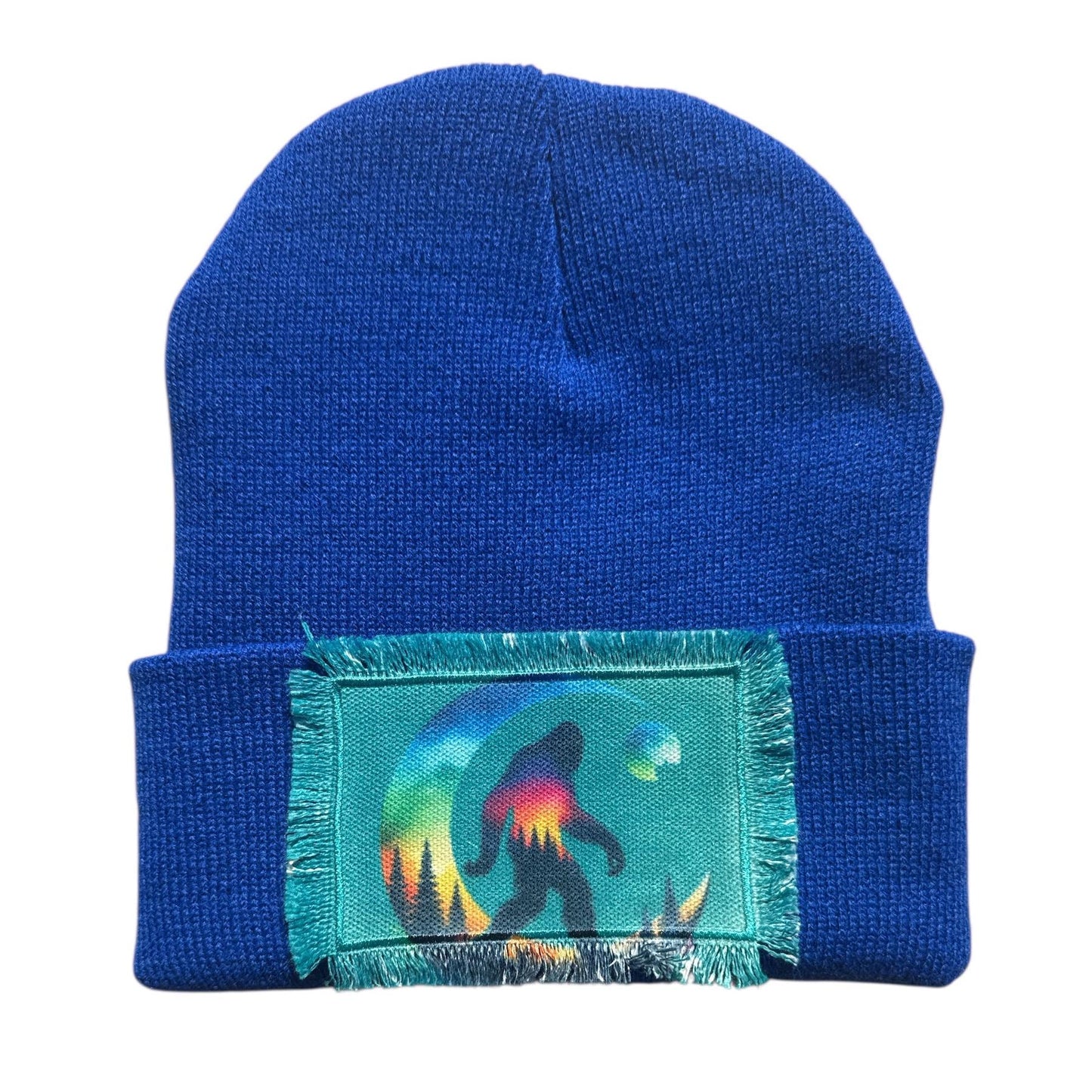 Bigfoot Sasquatch Forest Watercolor Patch Beanie Blues