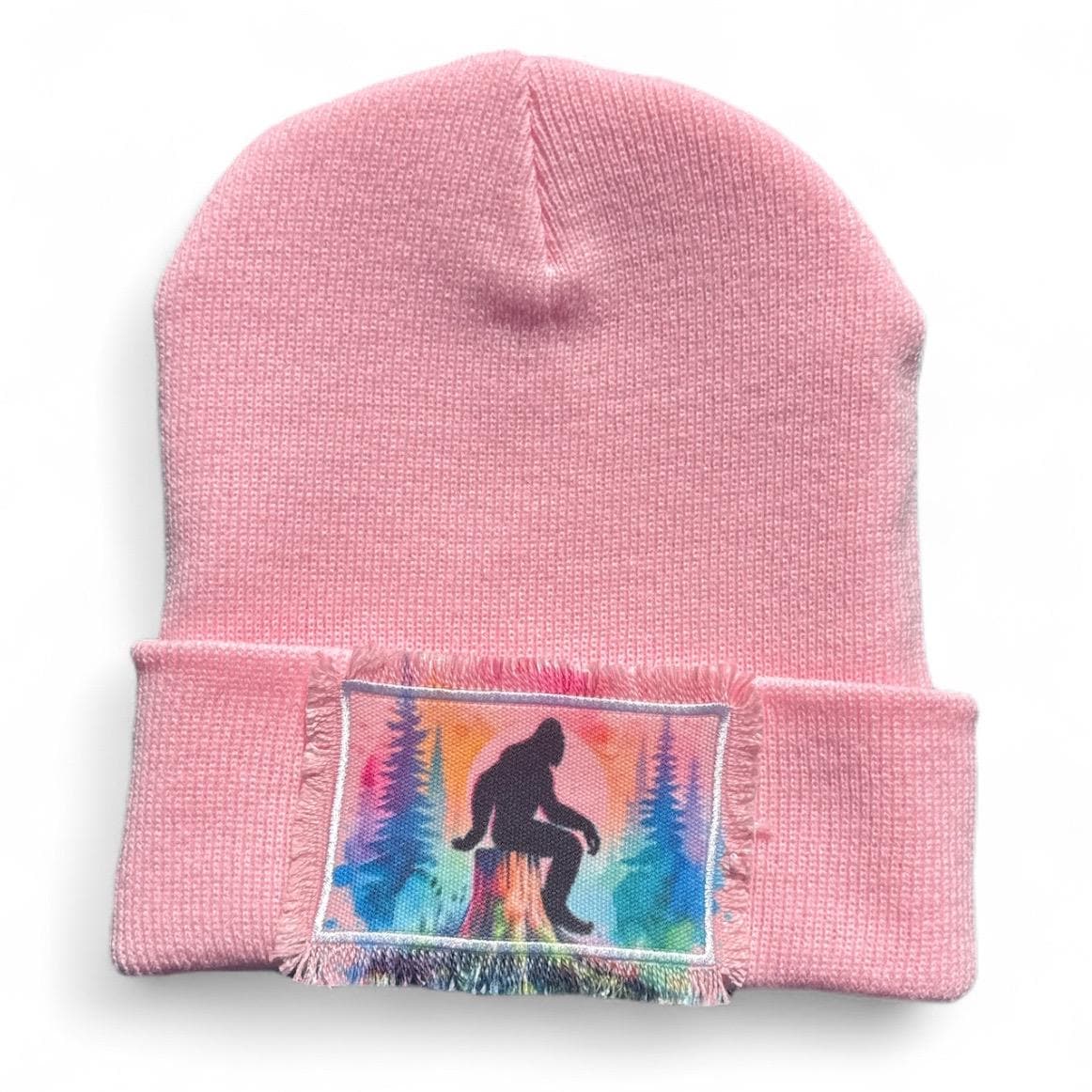 Bigfoot Sasquatch Forest Watercolor Patch Beanie Pinks Purple