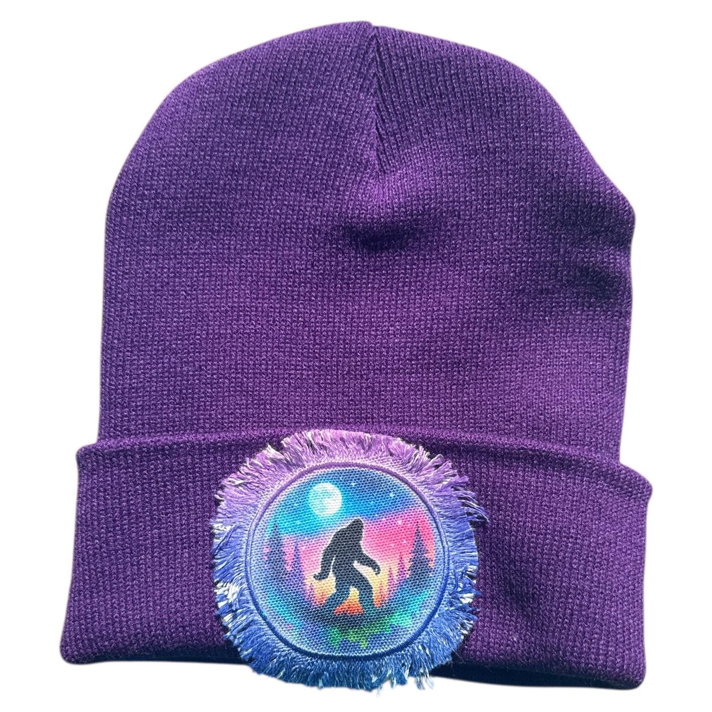 Bigfoot Sasquatch Forest Watercolor Patch Beanie Pinks Purple