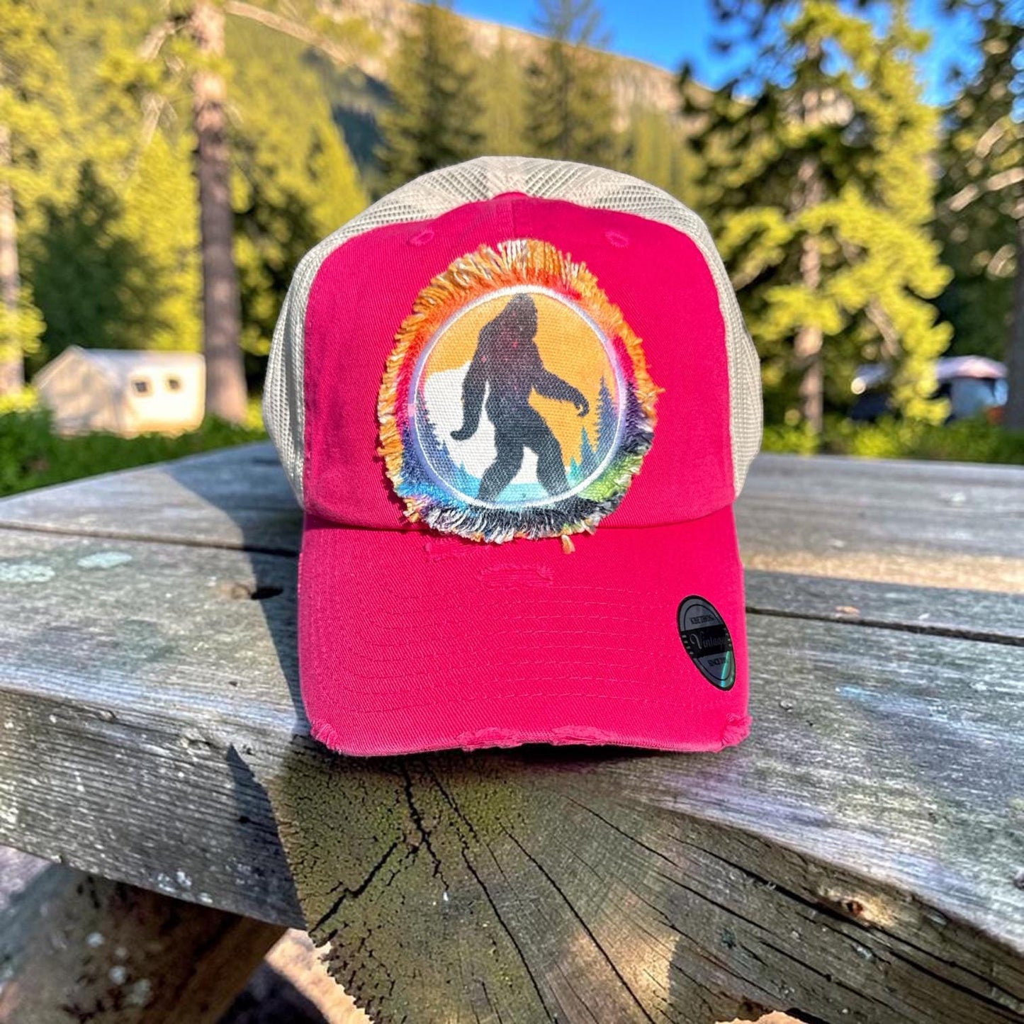 Pink Bigfoot Trucker Hat: Funny Camping Sasquatch Cap Watercolor