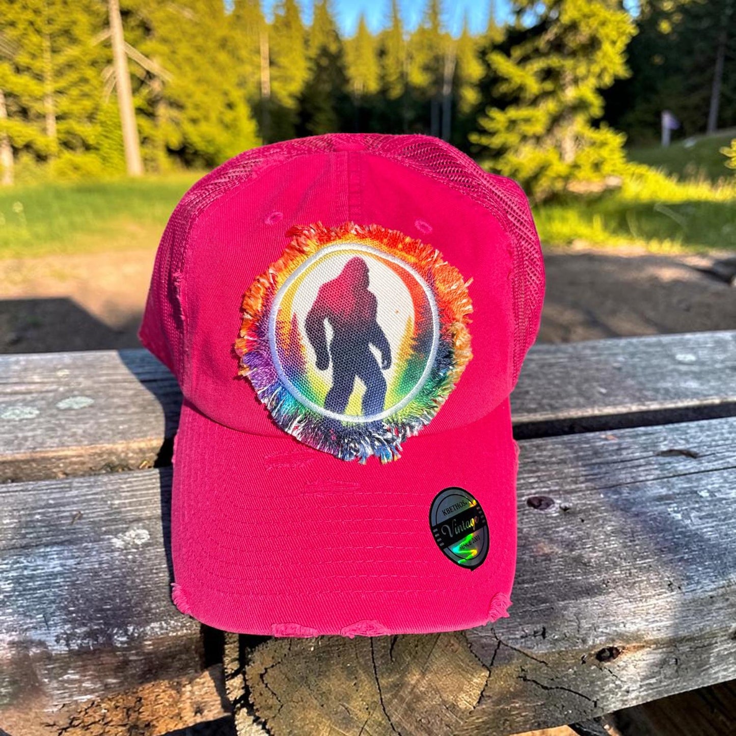 Pink Bigfoot Trucker Hat: Funny Camping Sasquatch Cap Watercolor