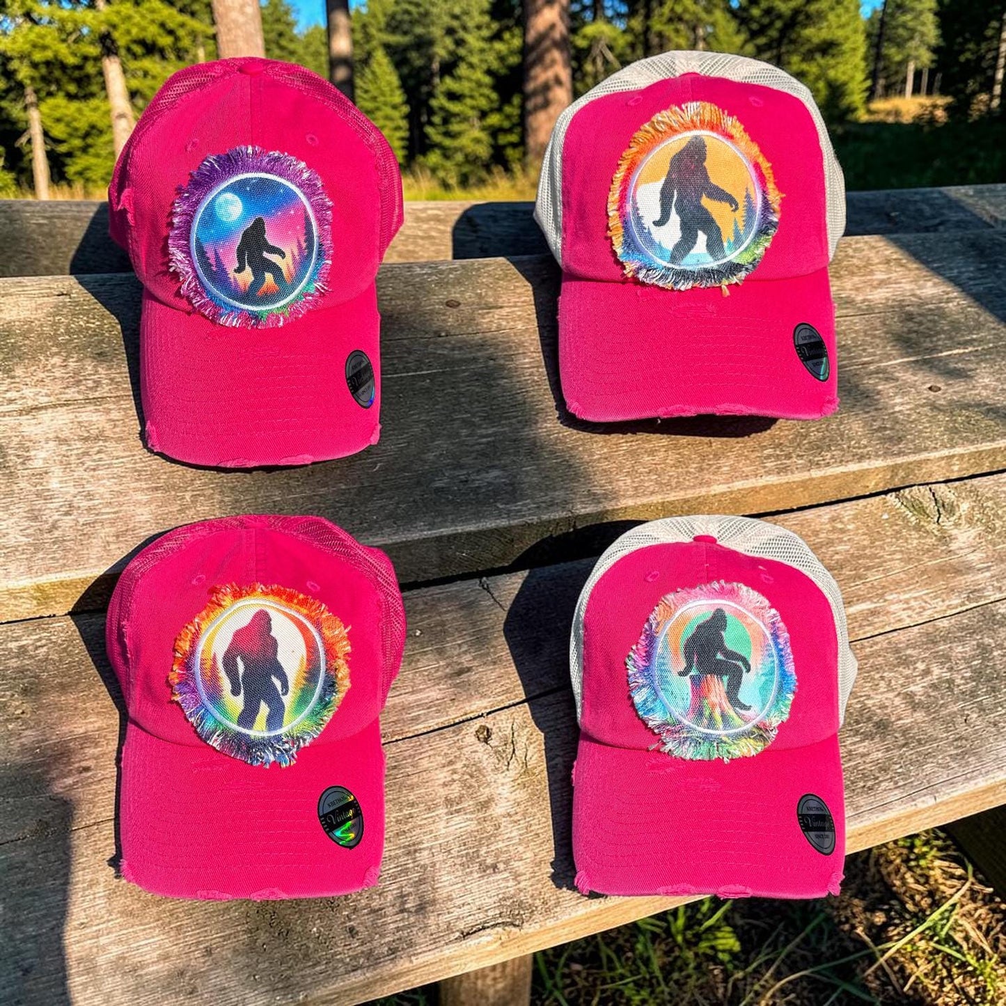 Pink Bigfoot Trucker Hat: Funny Camping Sasquatch Cap Watercolor