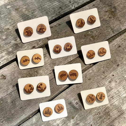 Nature Earrings Forest, Trees, Mountain, Camping, elk, Hiking, Bear, Wolf, Cactus Stud Earrings