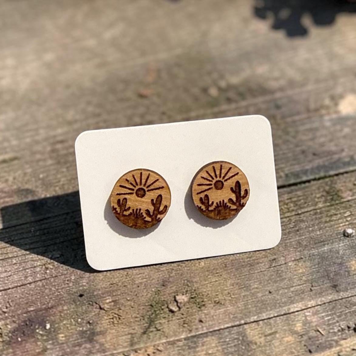 Nature Earrings Forest, Trees, Mountain, Camping, elk, Hiking, Bear, Wolf, Cactus Stud Earrings