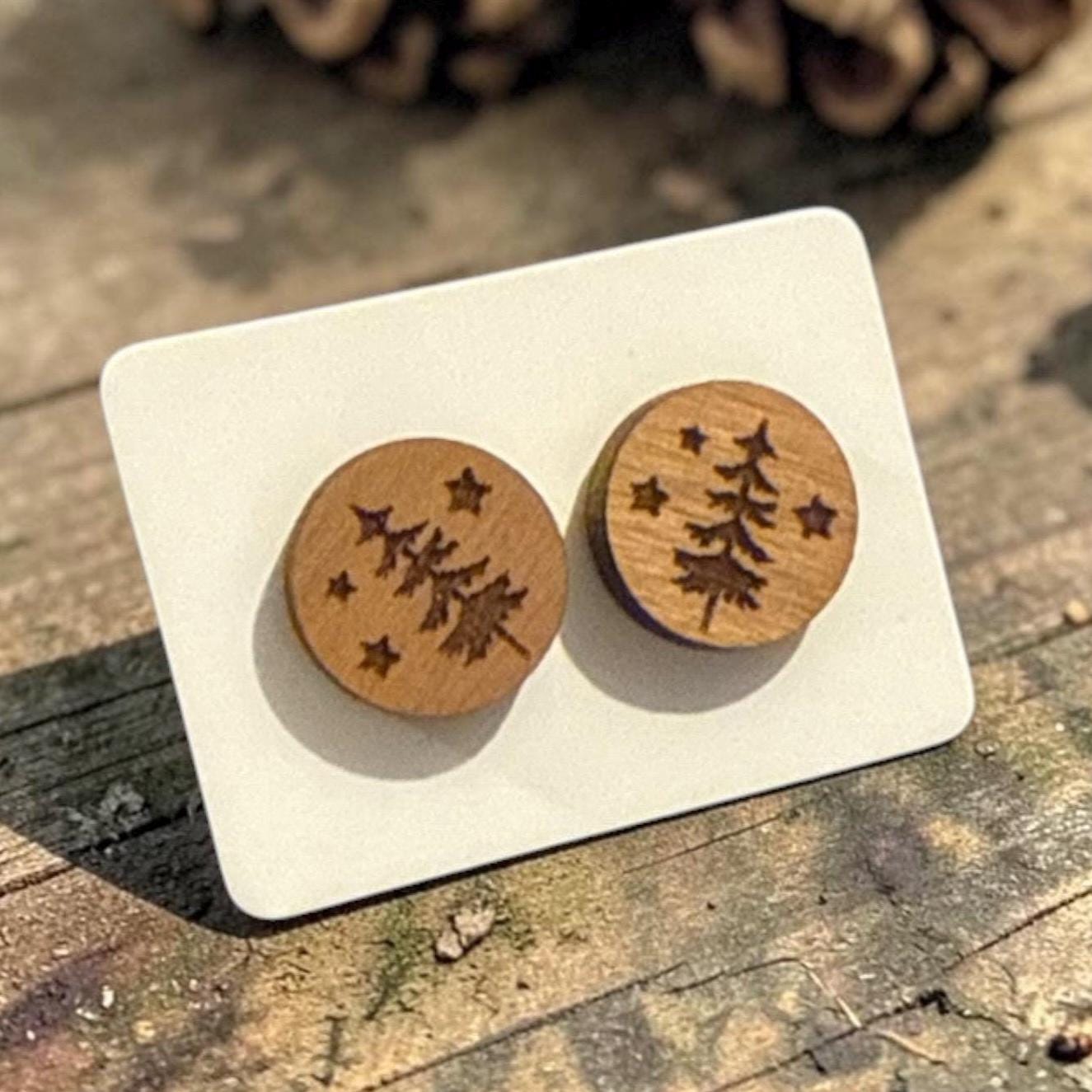 Nature Earrings Forest, Trees, Mountain, Camping, elk, Hiking, Bear, Wolf, Cactus Stud Earrings