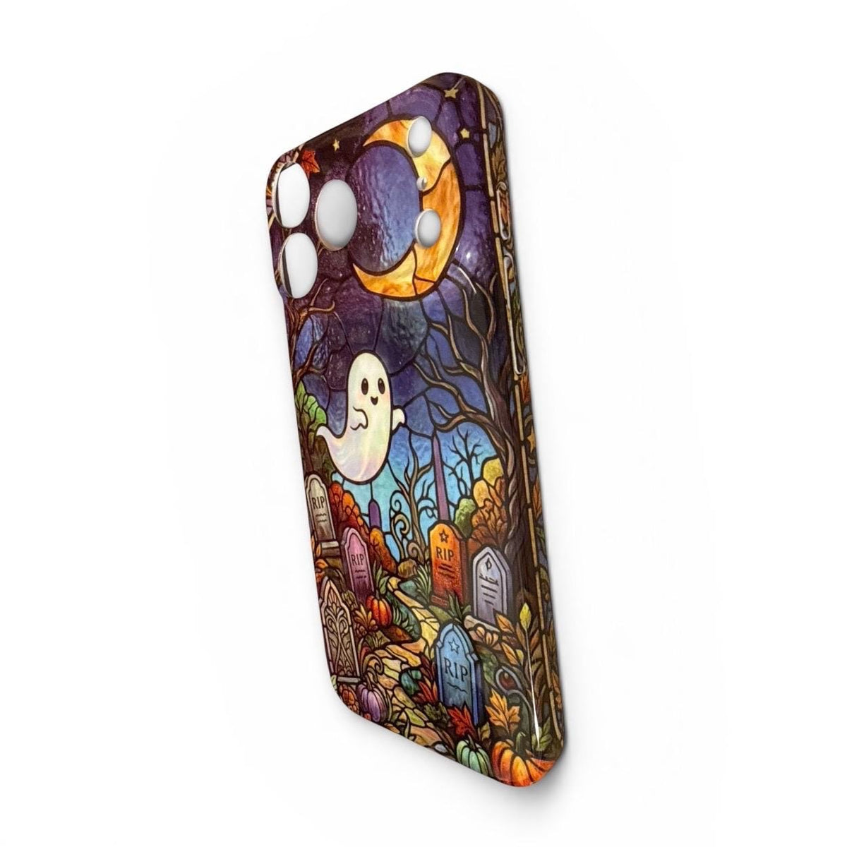 Stained Glass style Halloween, Spooky, Cute Ghost Iphone Case 17 18  Pro Max, Plus Graveyard