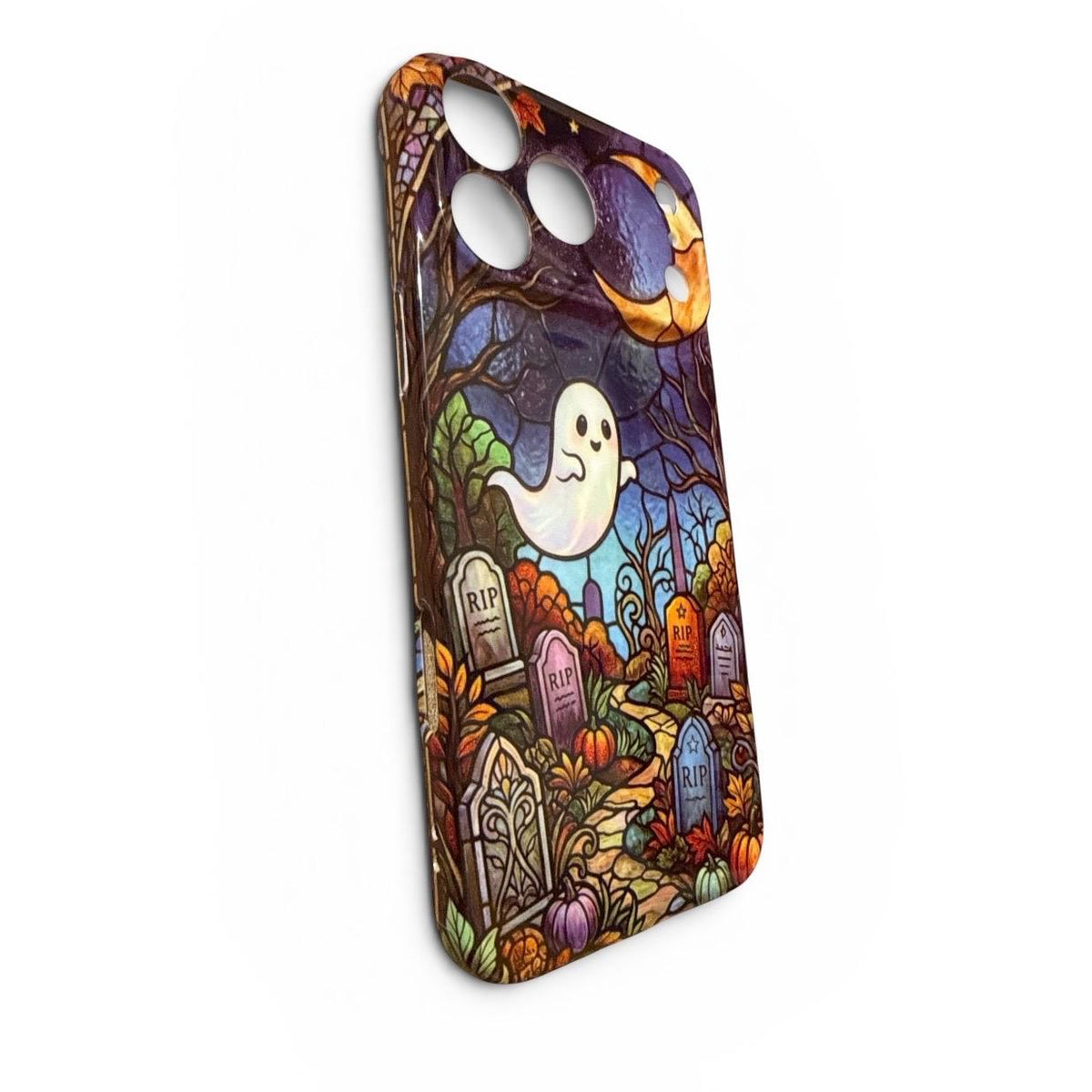 Stained Glass style Halloween, Spooky, Cute Ghost Iphone Case 17 18  Pro Max, Plus Graveyard