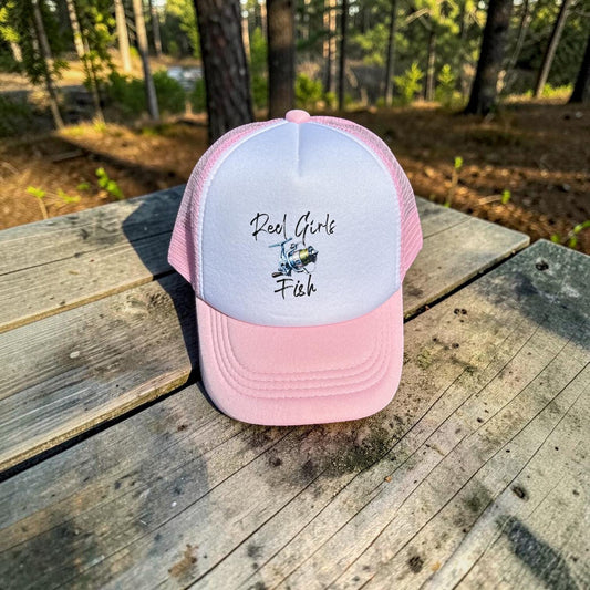 Kids Youth Fishing Reel Girls Fish Pink Trucker Hat