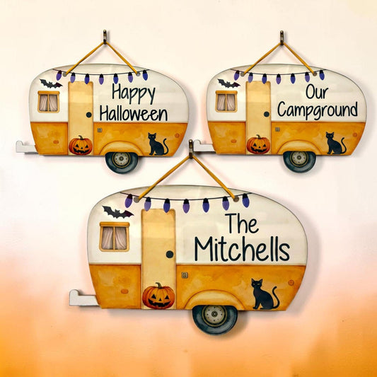 Personalized Haloween Camper Travel Trailer Door Hanger Sign Campground Name or Happy Halloween