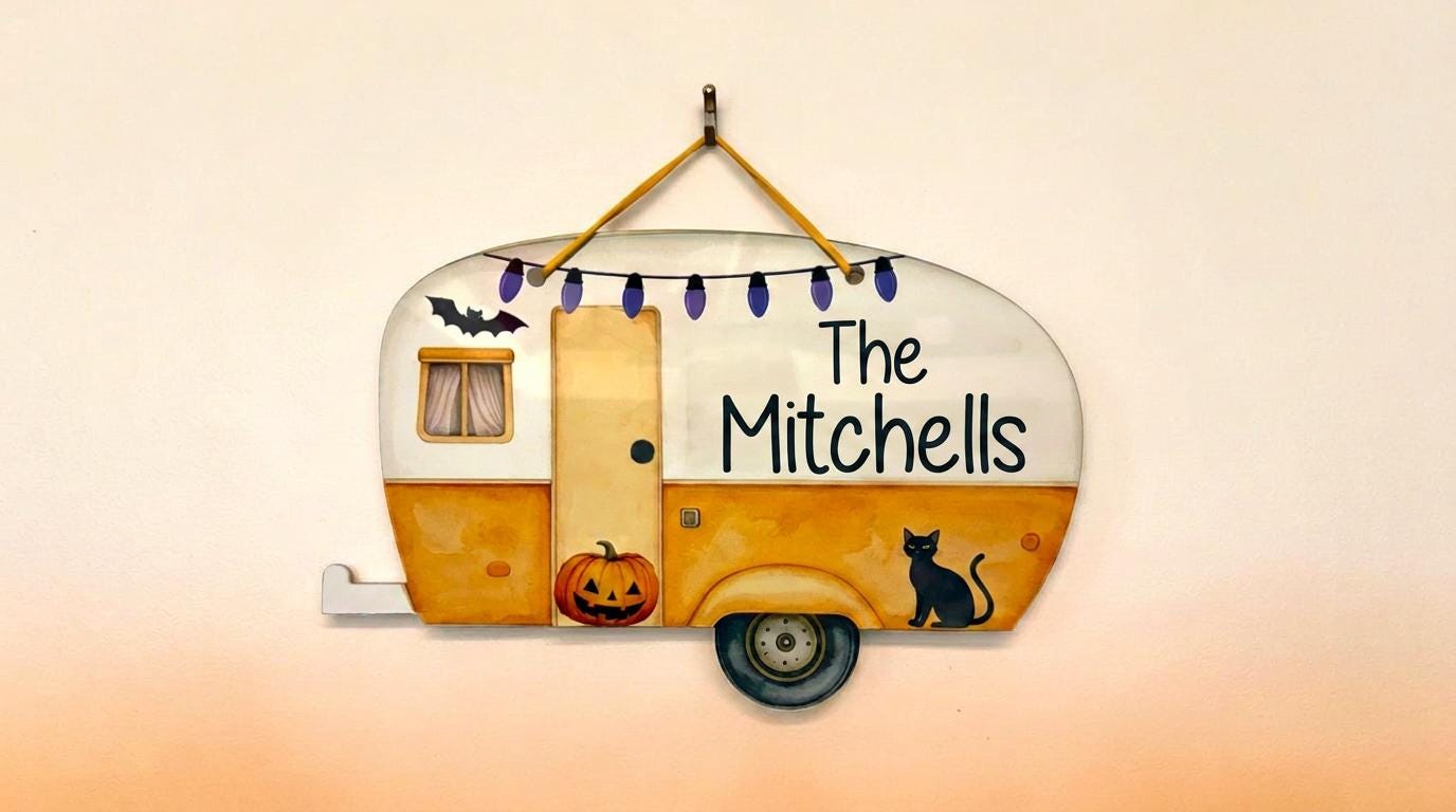 Personalized Haloween Camper Travel Trailer Door Hanger Sign Campground Name or Happy Halloween