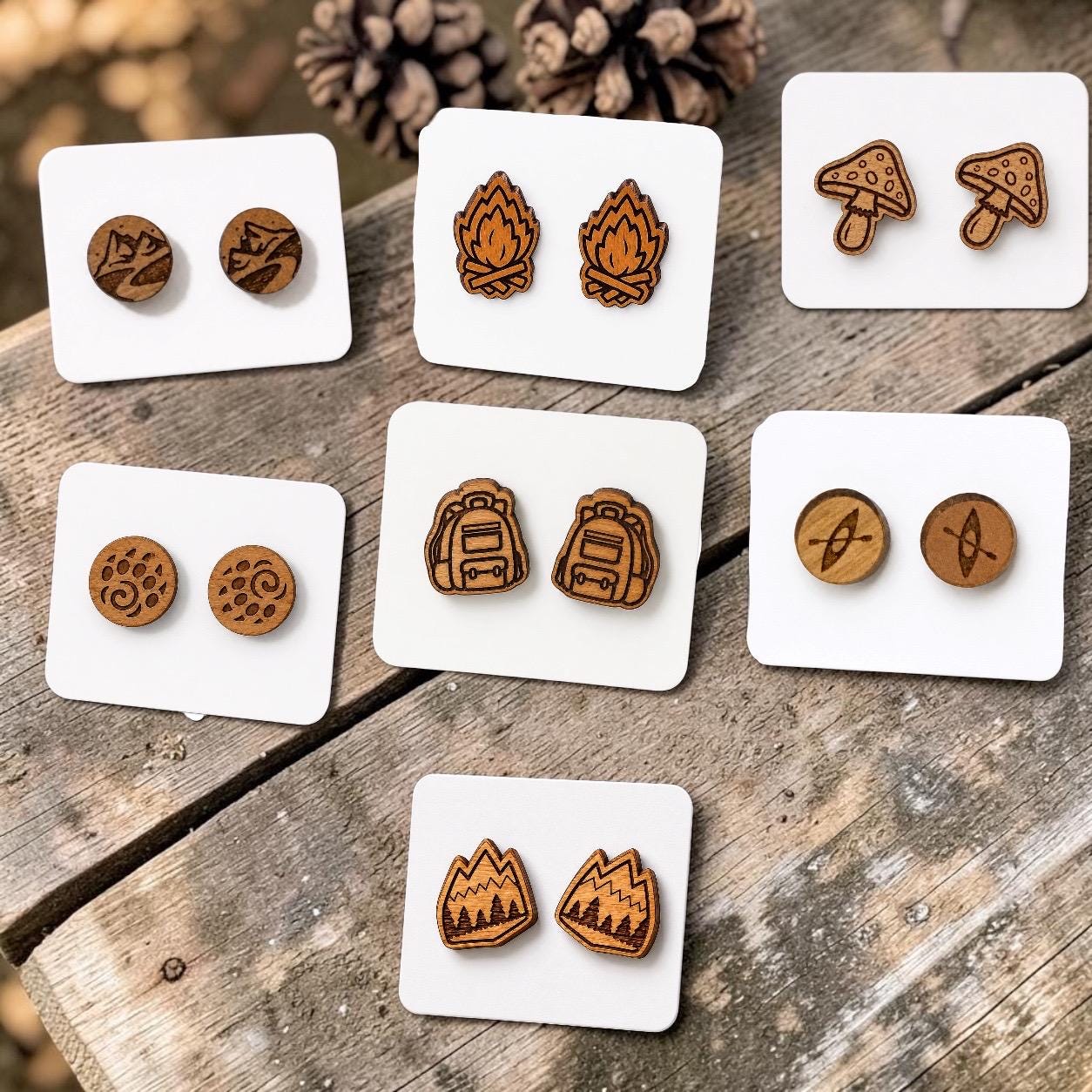 Nature Earrings Forest, Kayak, Mountain, Camping, Bear Claw, Hiking, Backpack, Mushrooms Stud Earrings