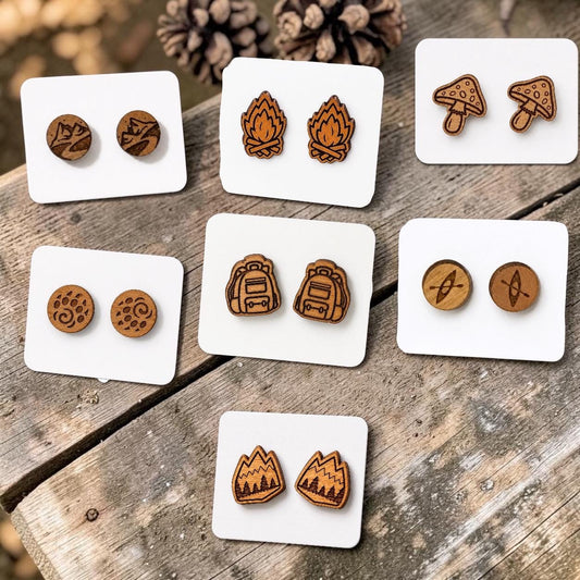Nature Earrings Forest, Kayak, Mountain, Camping, Bear Claw, Hiking, Backpack, Mushrooms Stud Earrings