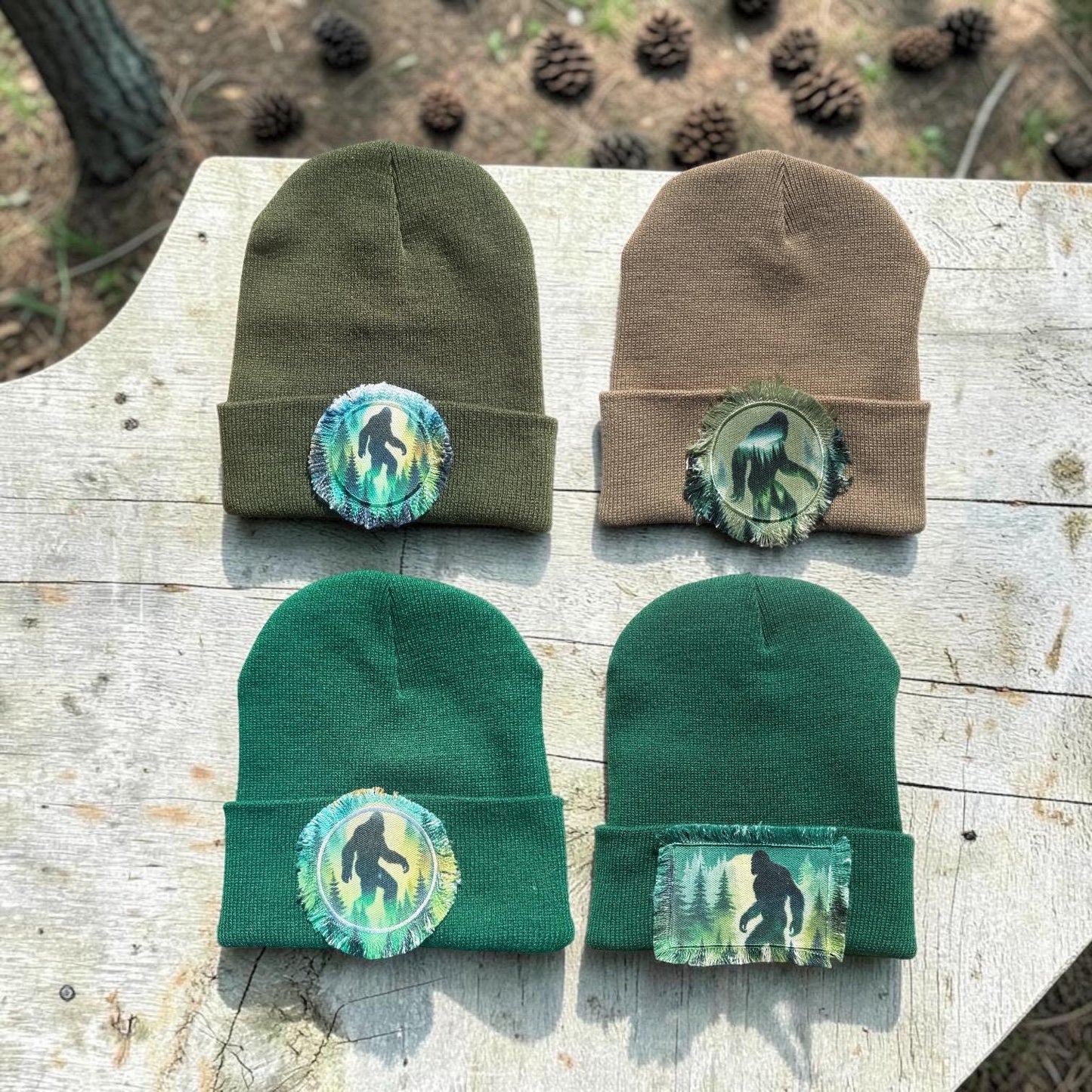 Bigfoot Sasquatch Forest Watercolor Patch Beanie Greens